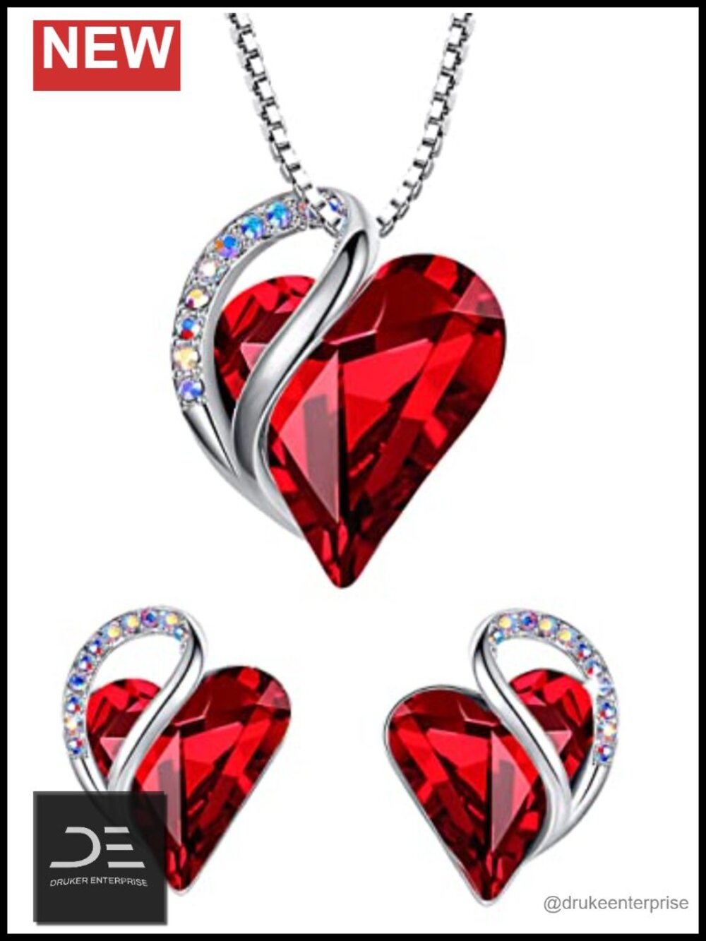 Heart Necklace & Stud Earrings Set, Silver Tone Crystal Jewelry for Women